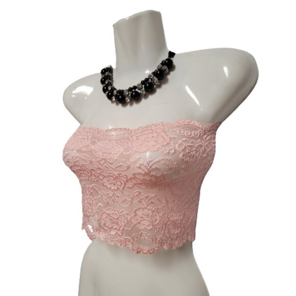 Pink See Through Elastic Lace Bandeau Strapless Lace Tube Top Lace Crop Top - Picture 8 of 9